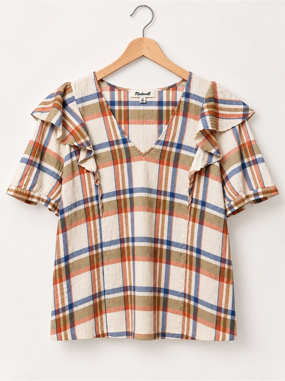 Madewell Plaid V-Neck Ruffle Puff Sleeve Blouse (rack)